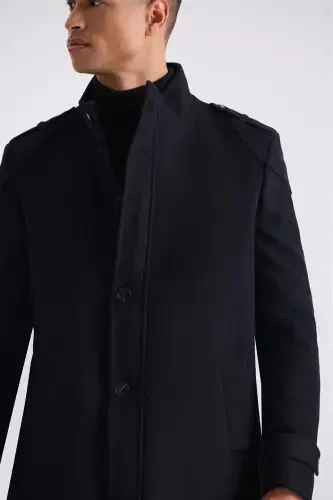 Black Regular Fit Mandarin Collar Epauletted Wool Cashmere Coat - 3