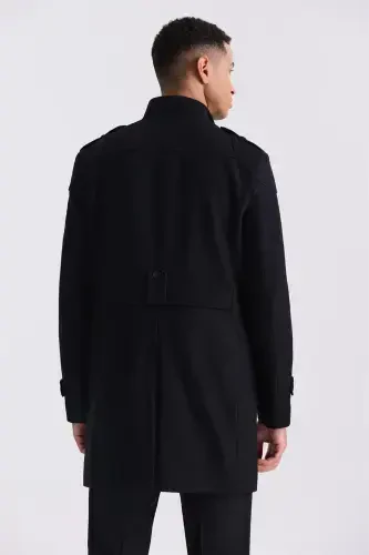Black Regular Fit Mandarin Collar Epauletted Wool Cashmere Coat - 4