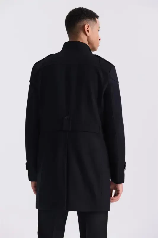 Black Regular Fit Mandarin Collar Epauletted Wool Cashmere Coat - 4