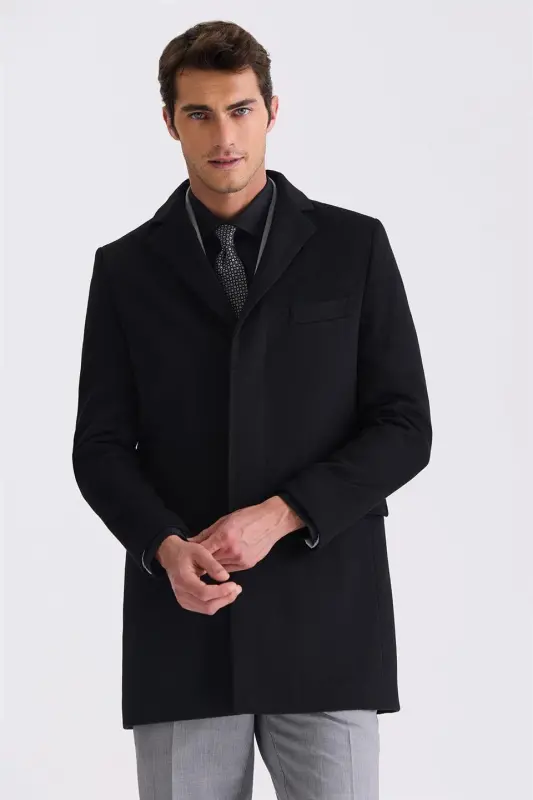 Black Regular Fit Mono Collar Wool Blend Coat - 1