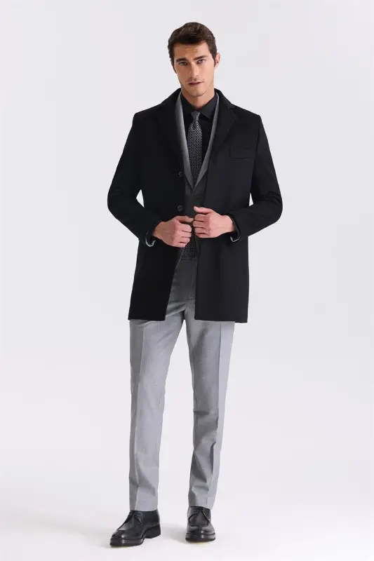 Black Regular Fit Mono Collar Wool Blend Coat - 2