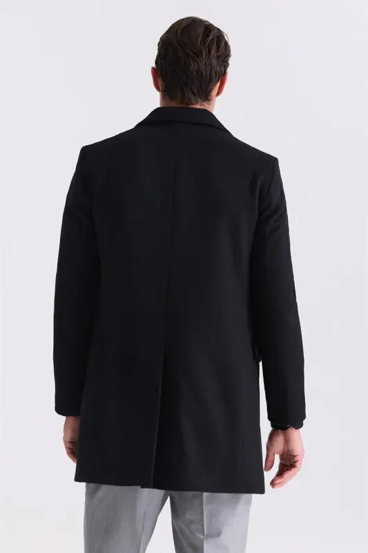 Black Regular Fit Mono Collar Wool Blend Coat - 4