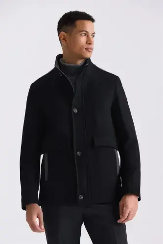 Black Regular Fit Notch Collar Wool Blazer - 1