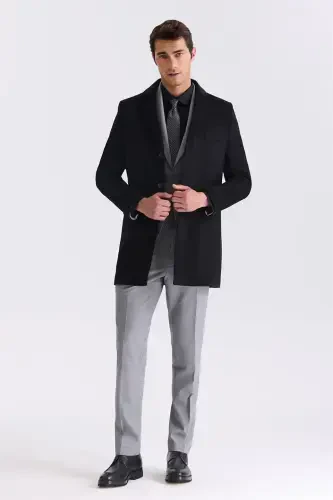Black Regular Fit Notch Lapel Wool Cashmere Coat - JAKAMEN (1)