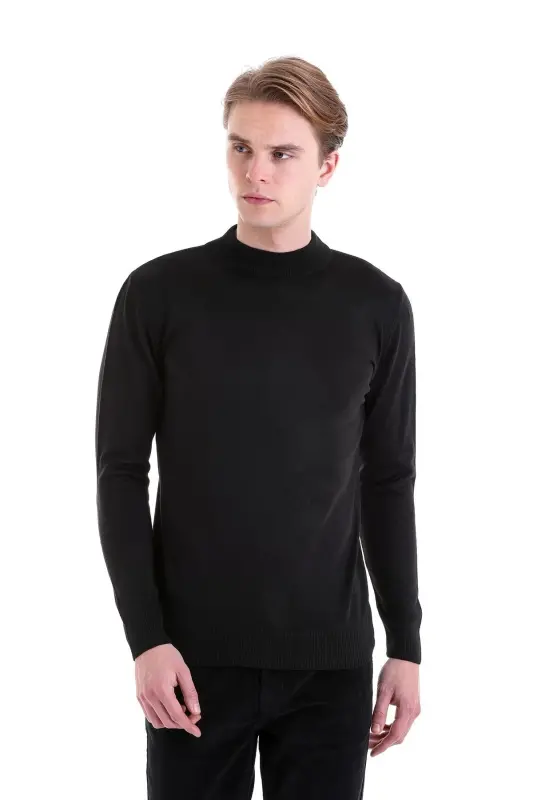 Black Regular Fit Plain Mock Neck Wool Knitwear - 3