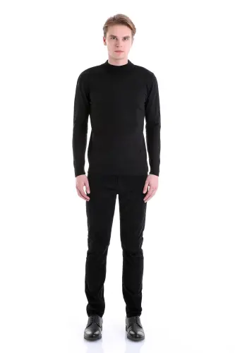 Black Regular Fit Plain Mock Neck Wool Knitwear - 4