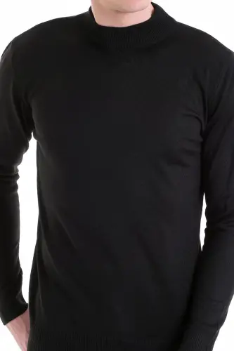 Black Regular Fit Plain Mock Neck Wool Knitwear - 5