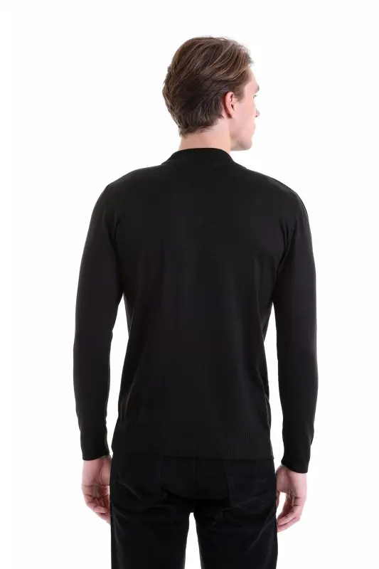 Black Regular Fit Plain Mock Neck Wool Knitwear - 6