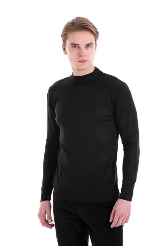 Black Regular Fit Plain Mock Neck Wool Knitwear - 1