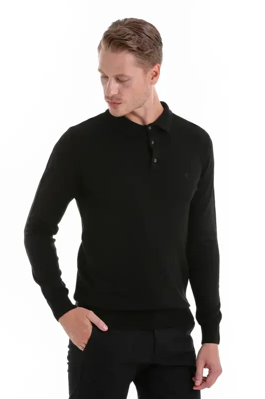 Black Regular Fit Plain Polo Neck Knitted Sweater-Black - 3