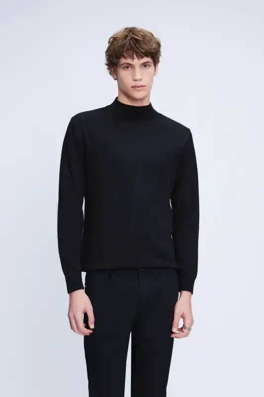 Black Regular Fit Plain Turtleneck Wool Knit - HATEMOĞLU