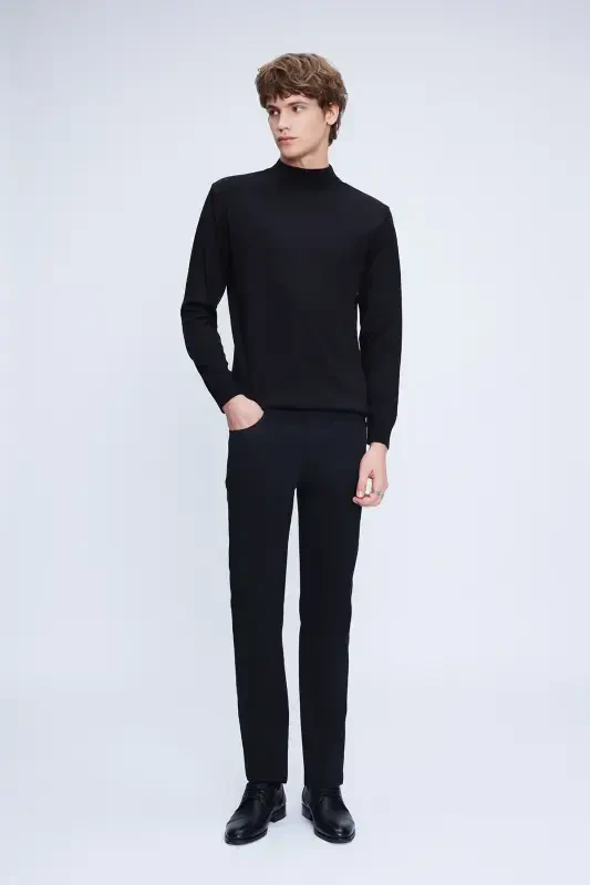 Black Regular Fit Plain Turtleneck Wool Knit - 2