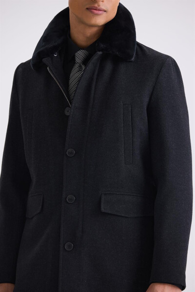 Black Regular Fit Removable Fur Collar Patterned Wool Coat - 7