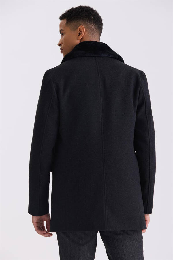 Black Regular Fit Removable Fur Collar Patterned Wool Coat - 8