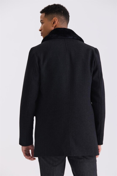 Black Regular Fit Removable Fur Collar Patterned Wool Coat - 4