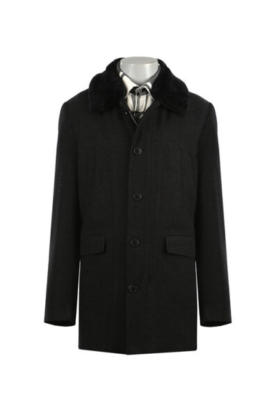 Black Regular Fit Removable Fur Collar Patterned Wool Coat - 9