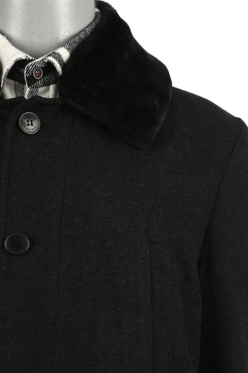 Black Regular Fit Removable Fur Collar Patterned Wool Coat - 10