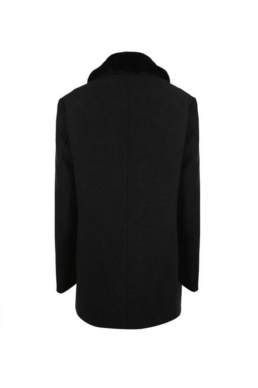 Black Regular Fit Removable Fur Collar Patterned Wool Coat - 11