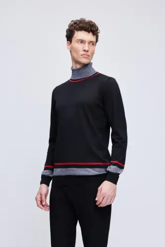 Black Regular Fit Striped Turtleneck Wool Knitwear - 1