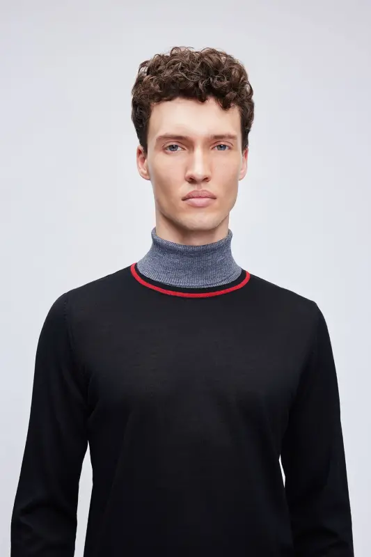 Black Regular Fit Striped Turtleneck Wool Knitwear - 3