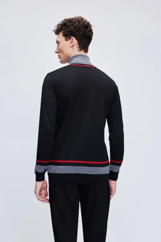 Black Regular Fit Striped Turtleneck Wool Knitwear - 5