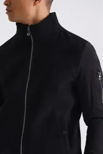 Black Regular Fit Zippered Mandarin Collar Winter Coat - 3