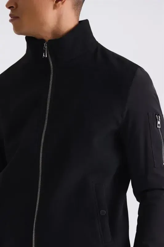 Black Regular Fit Zippered Mandarin Collar Winter Coat - 3