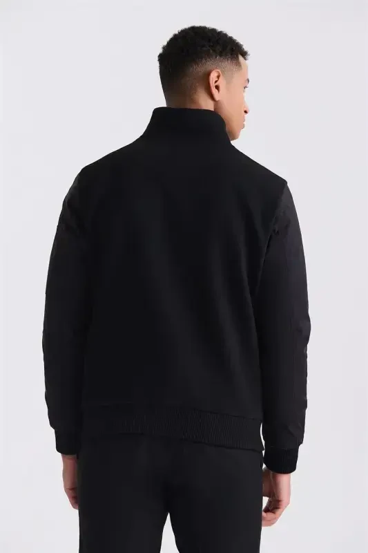 Black Regular Fit Zippered Mandarin Collar Winter Coat - 4