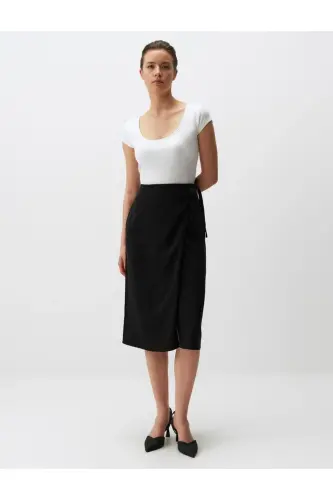 Black Regular Waist Slit Midi Linen Skirt - JIMMY KEY (1)