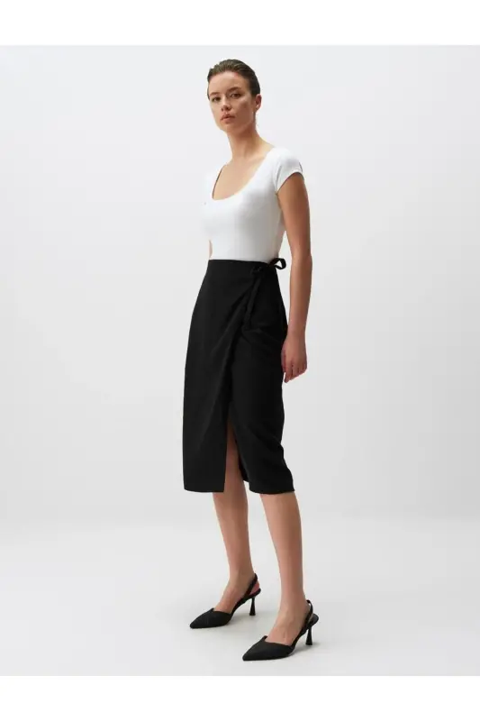 Black Regular Waist Slit Midi Linen Skirt - 3