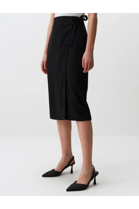 Black Regular Waist Slit Midi Linen Skirt - 4
