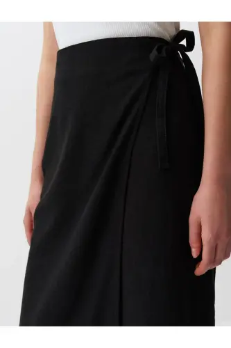 Black Regular Waist Slit Midi Linen Skirt - 5