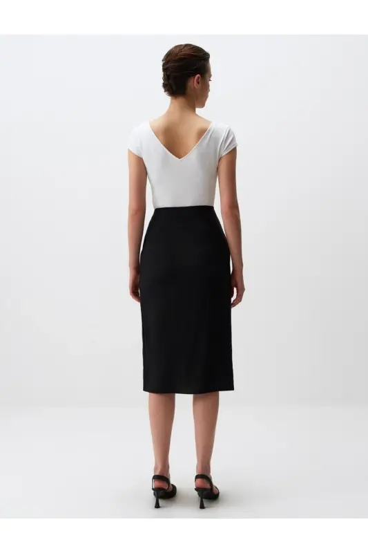 Black Regular Waist Slit Midi Linen Skirt - 6