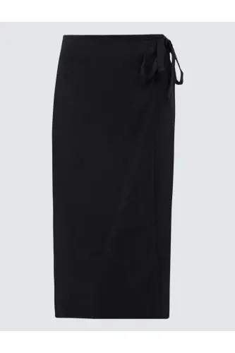 Black Regular Waist Slit Midi Linen Skirt - 7