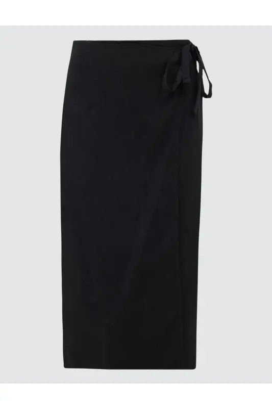 Black Regular Waist Slit Midi Linen Skirt - 7