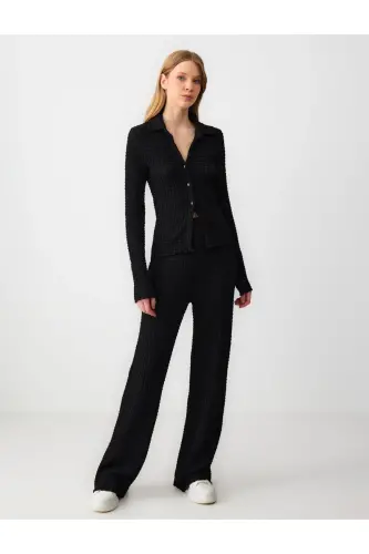 Black Relaxed Fit High Waist Wide Leg Textured Knit - 1