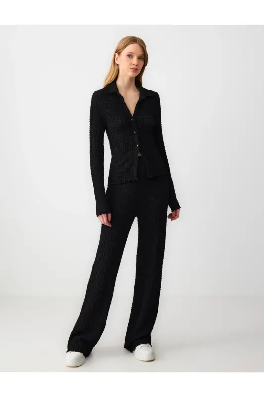 Black Relaxed Fit High Waist Wide Leg Textured Knit - 1