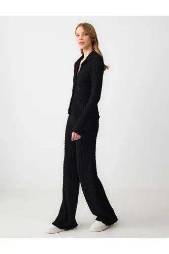 Black Relaxed Fit High Waist Wide Leg Textured Knit - JIMMY KEY (1)