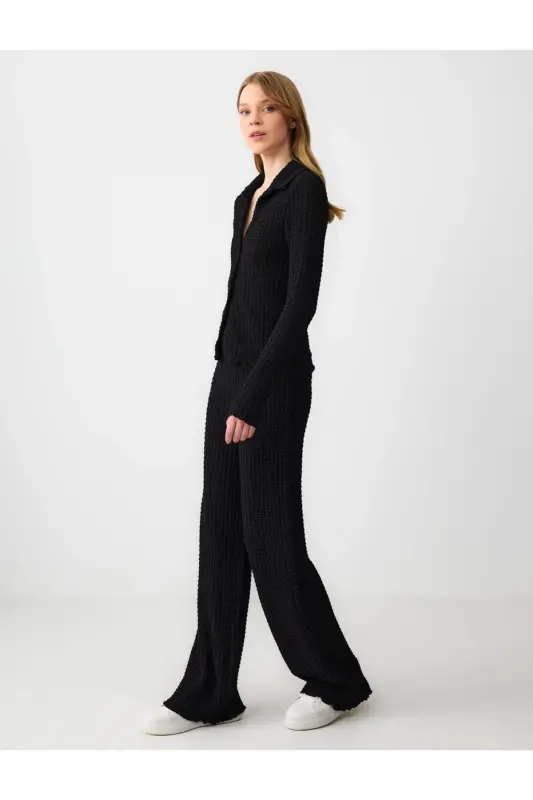 Black Relaxed Fit High Waist Wide Leg Textured Knit - 2