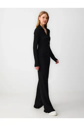 Black Relaxed Fit High Waist Wide Leg Textured Knit - 3