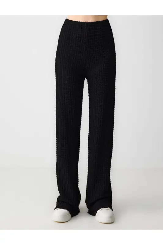 Black Relaxed Fit High Waist Wide Leg Textured Knit - 4