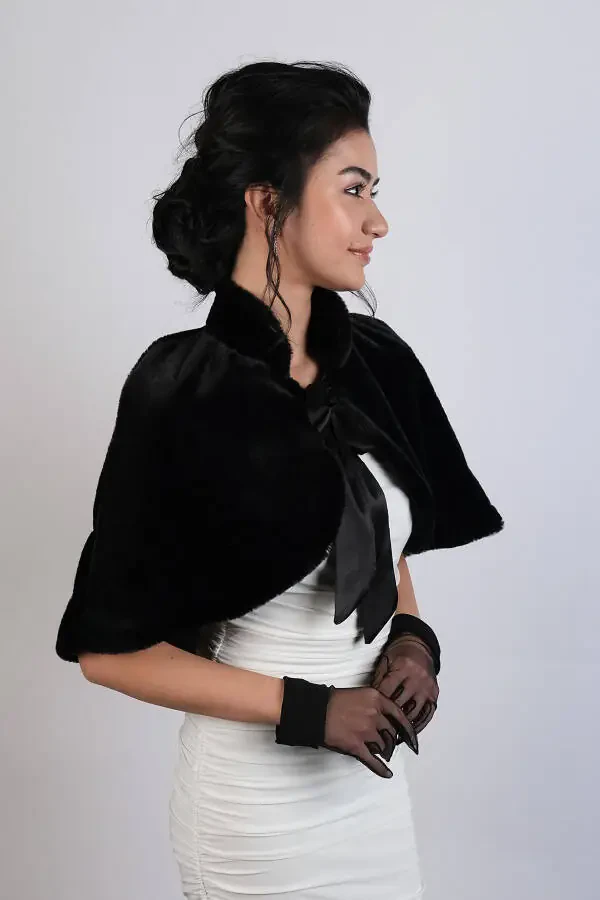 Black Ribbon Brooch Bridal Bolero Fur - 1