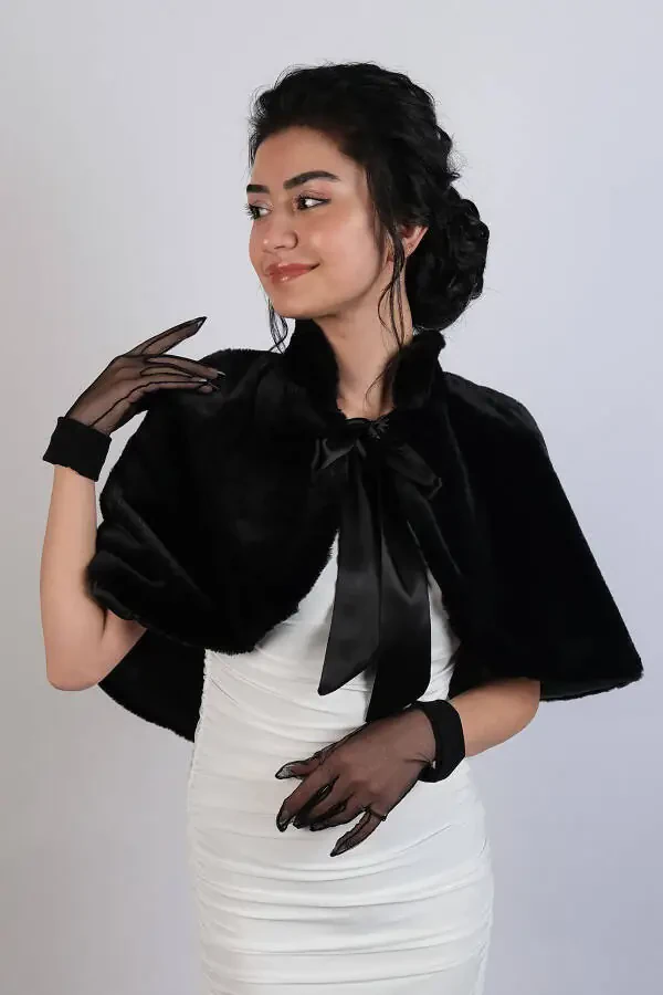 Black Ribbon Brooch Bridal Bolero Fur - 4