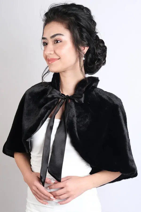 Black Ribbon Brooch Bridal Bolero Fur - 5