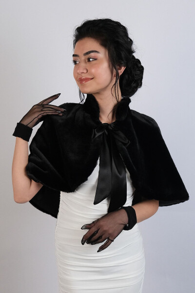 Black Ribbon Brooch Soft Bridal Bolero Fur - 2