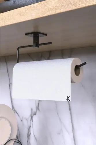Black Roll Towel Holder Napkin Sticky Practical Bathroom Kitchen Hanger Paper Roll Towel Holder - PATULYA AKSESUAR (1)
