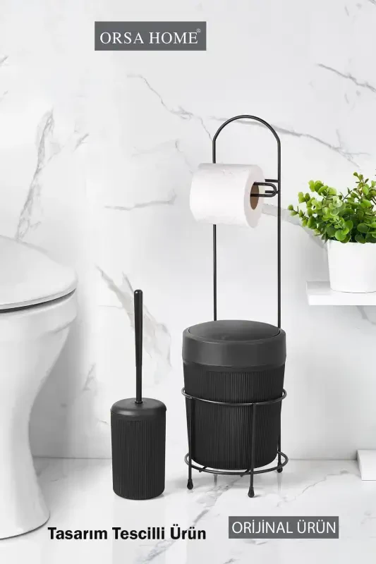 Black Round Bucket Toilet Paper Holder and Toilet Brush Set - 1