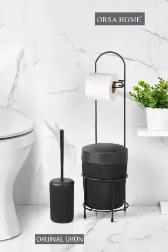 Black Round Bucket Toilet Paper Holder and Toilet Brush Set - 3