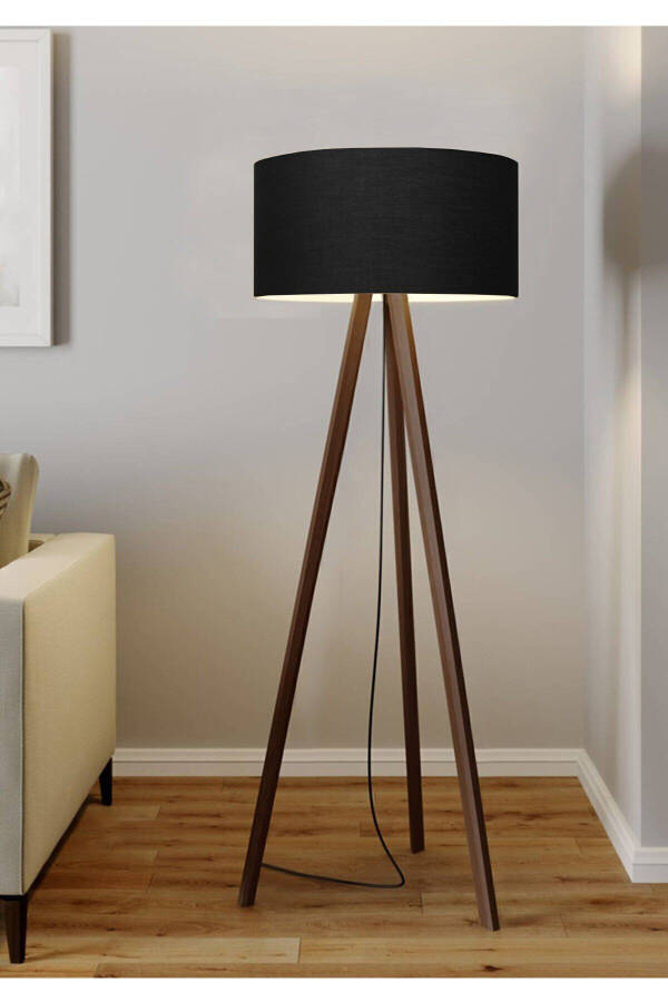 Black Round Fabric Cylinder Shade Wooden Tripod Floor Lamp Ayd-2937 - 2