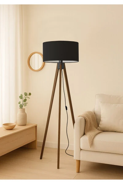 Black Round Fabric Cylinder Shade Wooden Tripod Floor Lamp Ayd-2937 - HOMİNG